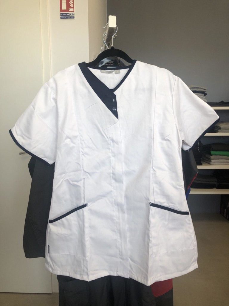 blouse de travail femme manches courtes bleu et blanche